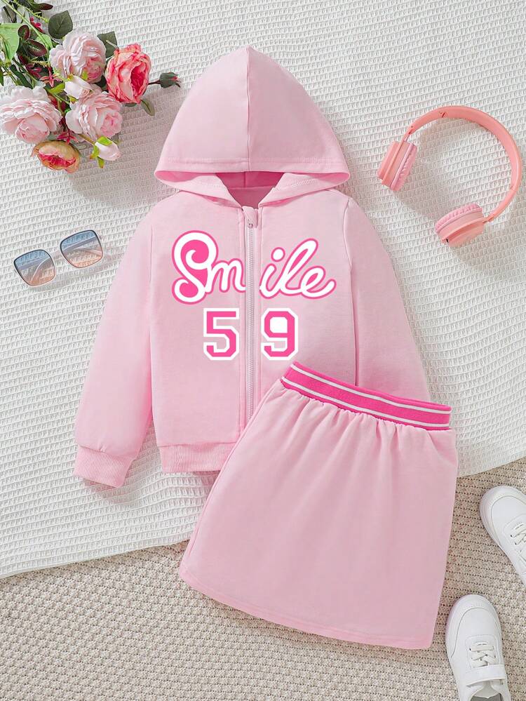 Young Girl Letter Graphic Zip Up Hoodie & Striped Trim Skirt