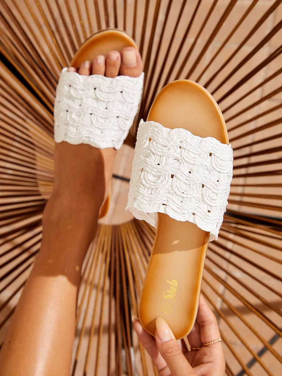 SheIn VCAY 女性編織設計涼拖,度假夏天白色草編平底涼鞋 - 白色 - 查看 1