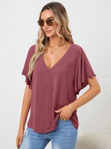 SHEIN LUNE 素色V領蝴蝶袖T恤