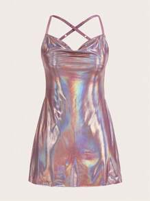 SHEIN ICON cổ áo xếp nếp Crisscross Backless Váy Dây - Đỏ - Xem 1