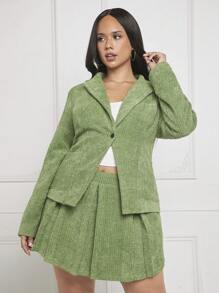 SHEIN SXY Plus Lapel Neck Blazer & Pleated Skirt - Green - View 1