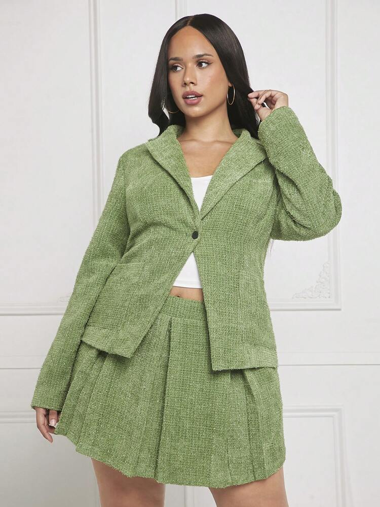 Plus Lapel Neck Blazer & Pleated Skirt