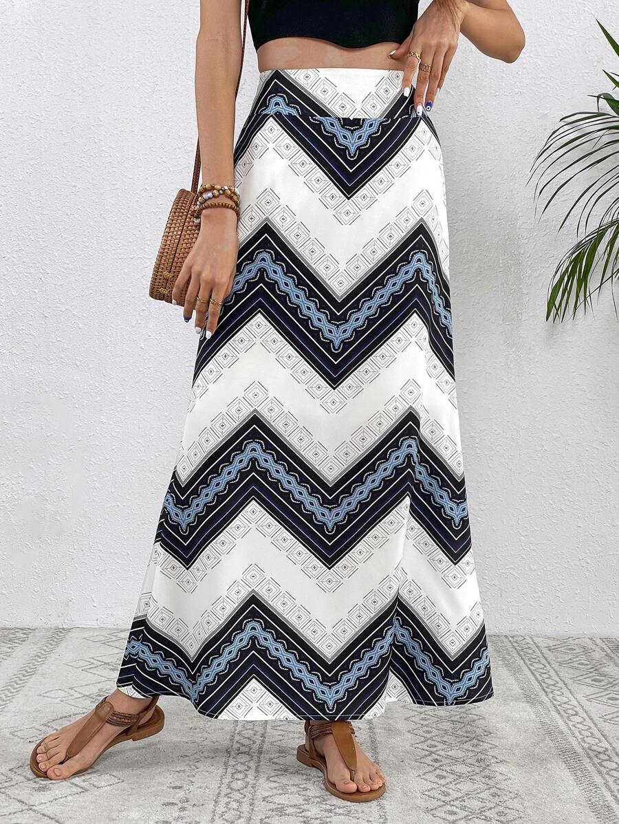 SHEIN VCAY Chevron Print High Waist Skirt - Multicolor - View 1