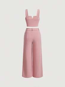SHEIN MOD Top unicolor crop correa ancha & Pantalones de pierna ancha - Rosa vieja - Ver 2