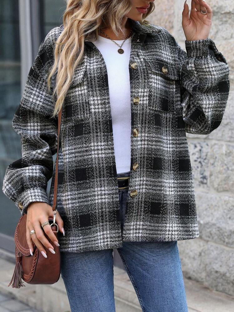Plaid Print Drop Shoulder Flap Pocket Coat Fall Cloth For Women