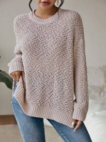 SHEIN LUNE Popcorn Knit Drop Shoulder Split Hem Sweater - Apricot - View 1