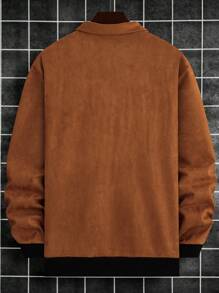 Manfinity Homme 男式翻盖细节绒面革拉链夹克，纯色，长袖，休闲，工作，工装，朋友 - 棕色 - 查看 2