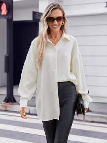 SHEIN Essnce Drop Shoulder Button Front Shirt - Apricot - View 1