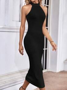 SHEIN Privé Vestido ajustado unicolor de cuello halter - Negro - Ver 3