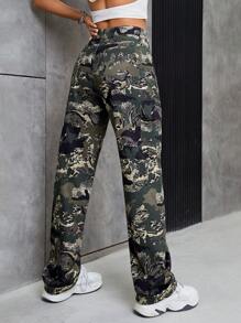 SHEIN EZwear Camo Print Straight Leg Jeans - Army Green - View 3