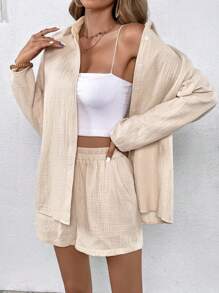 SHEIN VCAY Solid Button Front Shirt & Shorts - Apricot - View 6