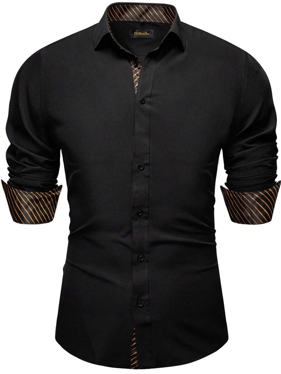 Hombres Camisa de rayas en contraste con botón - Negro - Ver 1