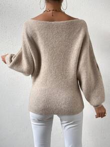 SHEIN Frenchy Chevron Pattern Off Shoulder Lantern Sleeve Sweater - Khaki - View 2