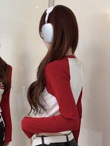 Atasan Crop Lengan Raglan Warna Kontras Wanita, Kaos Pas Badan Leher Bulat Kasual Musim Semi - Red and White - View 2
