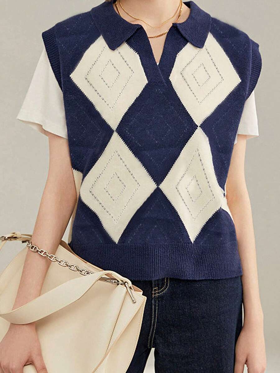 Argyle Pattern Sweater Vest Without Tee - Blue and White - View 1