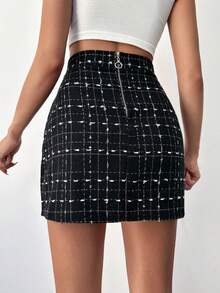 EURMUSE Plaid Print Bodycon Skirt - Black - View 2
