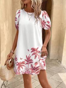 SHEIN VCAY Tropical Print Puff Sleeve Dress - Red - View 4