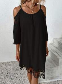 SHEIN VCAY 挖肩流蘇下擺洋裝 - 黑色 - 查看 6