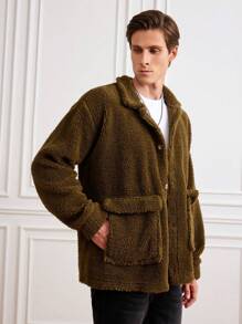 RueChic Men Flap Pocket Drop Shoulder Teddy Coat - Olive Green - View 5
