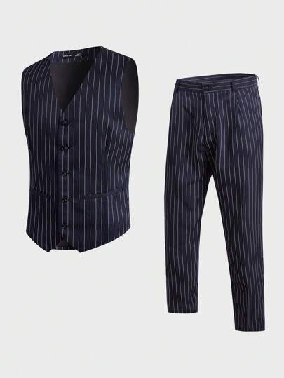 Manfinity NiteLyfe Hombres con estampado de rayas Chaleco & Pantalones de traje sin camisa