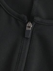 SHEIN EZwear 拼接滾邊拉鏈開襟彈力緊身連體褲 - 黑色 - 查看 5