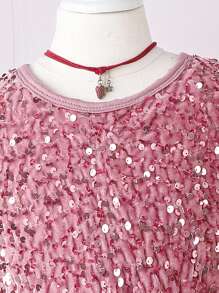 SHEIN Glamorique Kids Young Girl Contrast Sequin Mesh Hem Dress - Pink - View 6