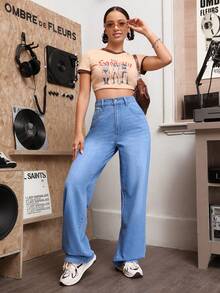 SHEIN EZwear Cao eo quần ống rộng Quần jean - Rửa nhẹ - Xem 5