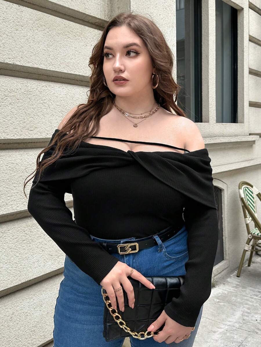 SHEIN Essnce Plus Off Shoulder Twist Front Bodysuit - Black - View 1