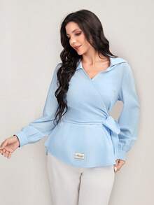 Mulvari Letter Patched Detail Knot Side Wrap Blouse - Baby Blue - View 3