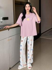 DAZY 字母圖案落肩T恤和褲子休閒服套裝 - 粉色 - 查看 3