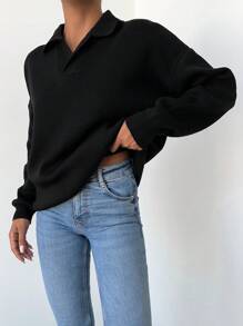 EURMUSE Solid Drop Shoulder Sweater - Black - View 5