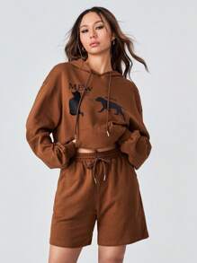 SHEINNeu Shorts con capucha con estampado de dibujos animados de hombros caídos con cordón - Marrón - Ver 5