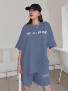 DAZY Letter Graphic Drop Shoulder Tee & Shorts - Dusty Blue - View 3