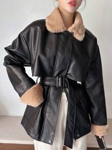 DAZY Chaqueta de PU gruesa y holgada con cinturón y cuello de piel sintética de estilo patchwork, abrigo casual de otoño/invierno para mujer - Negro - Ver 1