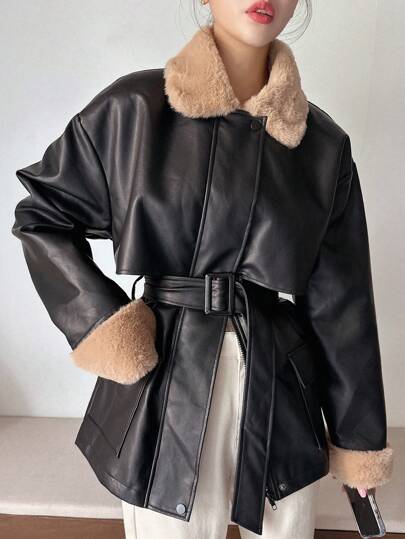DAZY 拼接仿毛皮领宽松加厚PU夹克，配腰带，休闲秋冬女式外套
