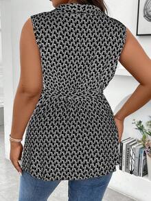 SHEIN Unity 大碼滿版印花腰帶襯衫 - 黑色 - 查看 2