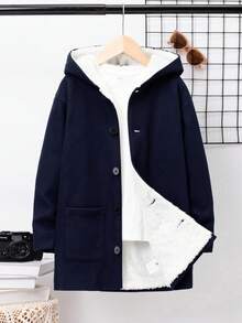 SHEIN Tween Boy Dual Pocket Teddy Lined Hooded Overcoat - Blue - View 3