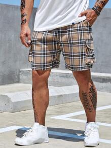 Manfinity Homme Men Plus Plaid Print Flap Pocket Drawstring Waist Shorts - Khaki - View 6