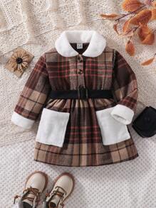 Váy Bé Gái Tương phản ren Túi Nút phía trước Hình học Sọc ca rô - màu nâu - Xem 1