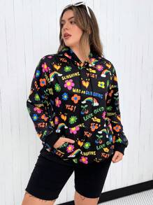SHEIN Qutie Plus Size Letter Graphic Drop Shoulder Sweatshirt - Black - View 1