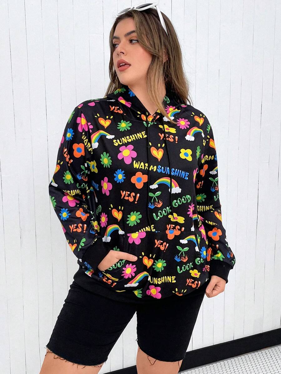 SHEIN Qutie Plus Size Letter Graphic Drop Shoulder Sweatshirt - Black - View 1