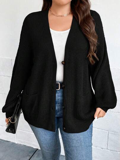 SHEIN VCAY Plus Lantern Sleeve Pocket Patched Cardigan, For Winter Fall