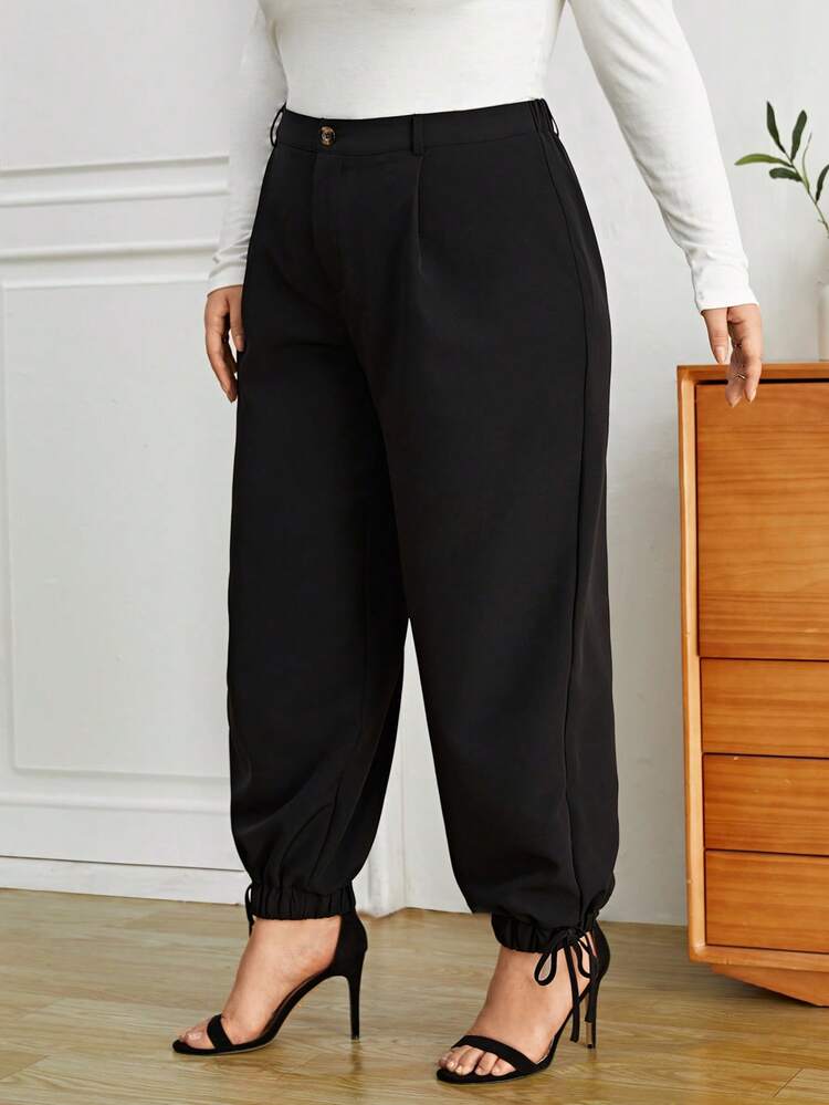 Plus Solid Drawstring Hem Pants