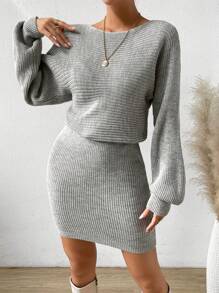 SHEIN Essnce tay cánh Đầm Áo len - Xám - Xem 5