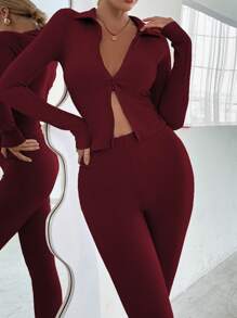 SHEIN Unity Zip Up Ribbed Knit Jacket & Leggings - Burgundy - View 5