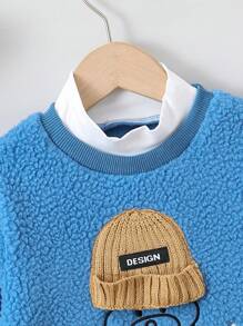 SHEIN 男小童字母&小熊刺繡絨毛運動衫無襯衫 - 藍色 - 查看 6