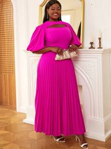 Plus Cut Out Front Pleated Hem Dress - Hot Pink - View 2