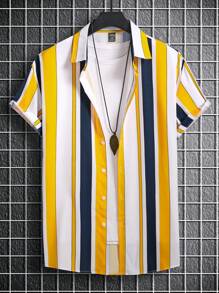 Manfinity Homme 男士休闲条纹图案彩色印花短袖衬衫，适合送给男朋友的礼物 - 彩色 - 查看 3