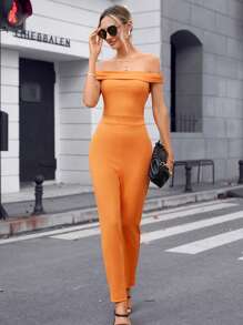 SHEIN Privé Off Shoulder Unitard Jumpsuit - Orange - View 1