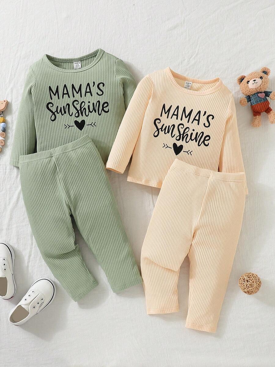 SHEIN Đứa bé gái 2 Miếng Đồ họa Chữ cái Đồ đan Ribbed Áo thun & 2 Miếng Quần - Nhiều màu - Xem 1